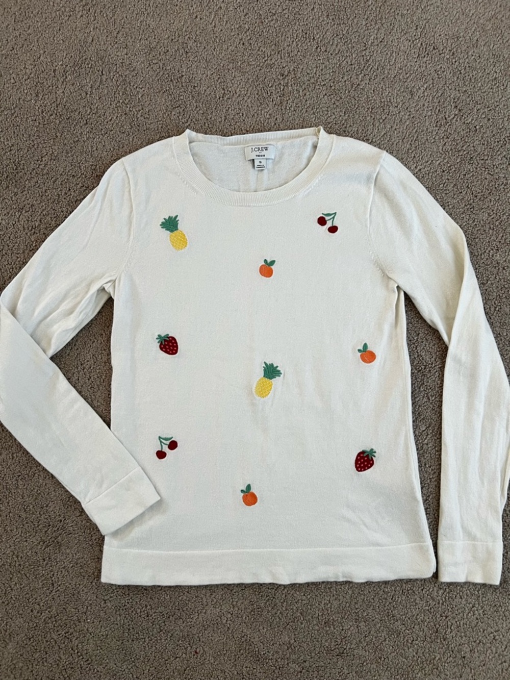 J.Crew White Fruit Embroidered Teddie Crewneck Sweater